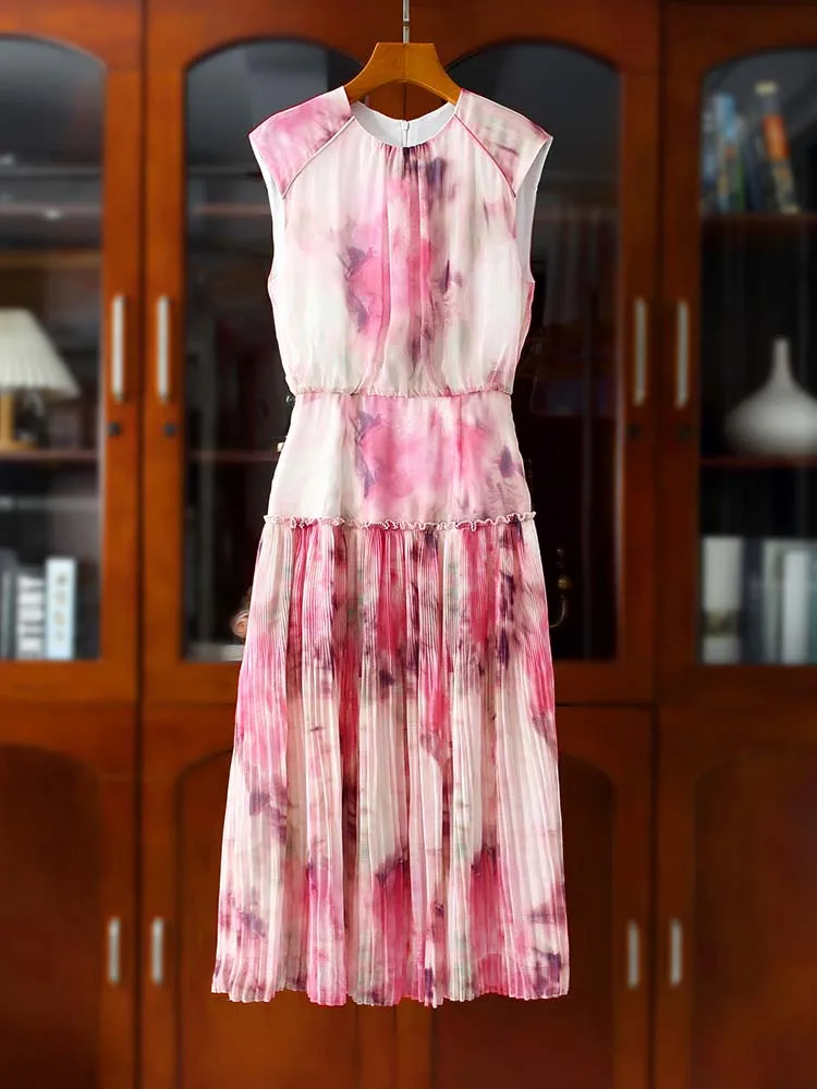 Saia Midi A-Line com Estampa Floral Rosa Doce, Cintura Ajustável, Plissada, Nova Chegada de Verão