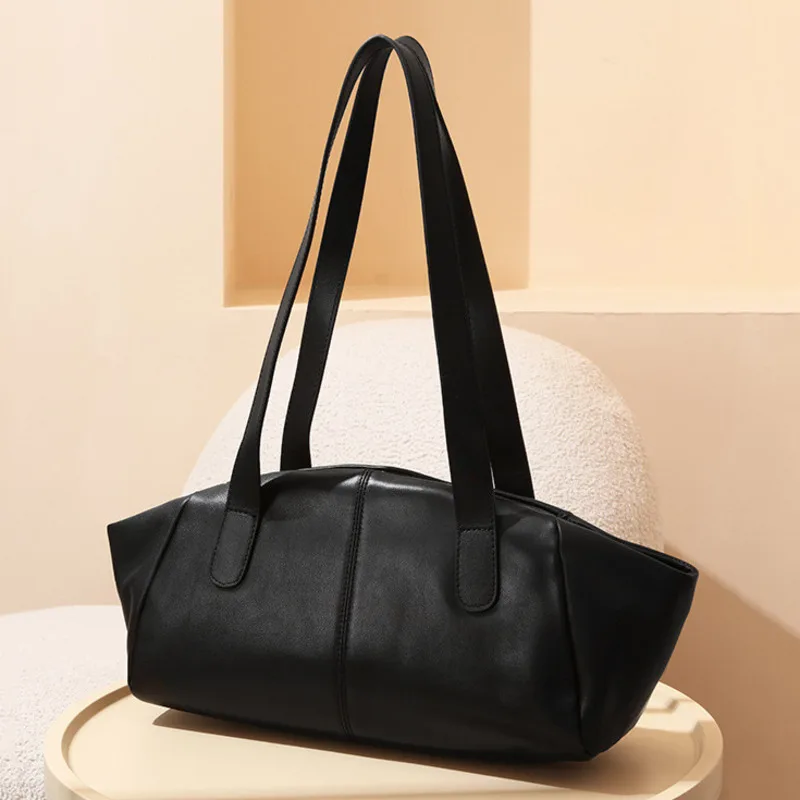 

New Korean Style Niche Top Layer Cowhide Handbag Large Capacity High-end Feel Versatile Commuting Baguette Female Womens Handbag