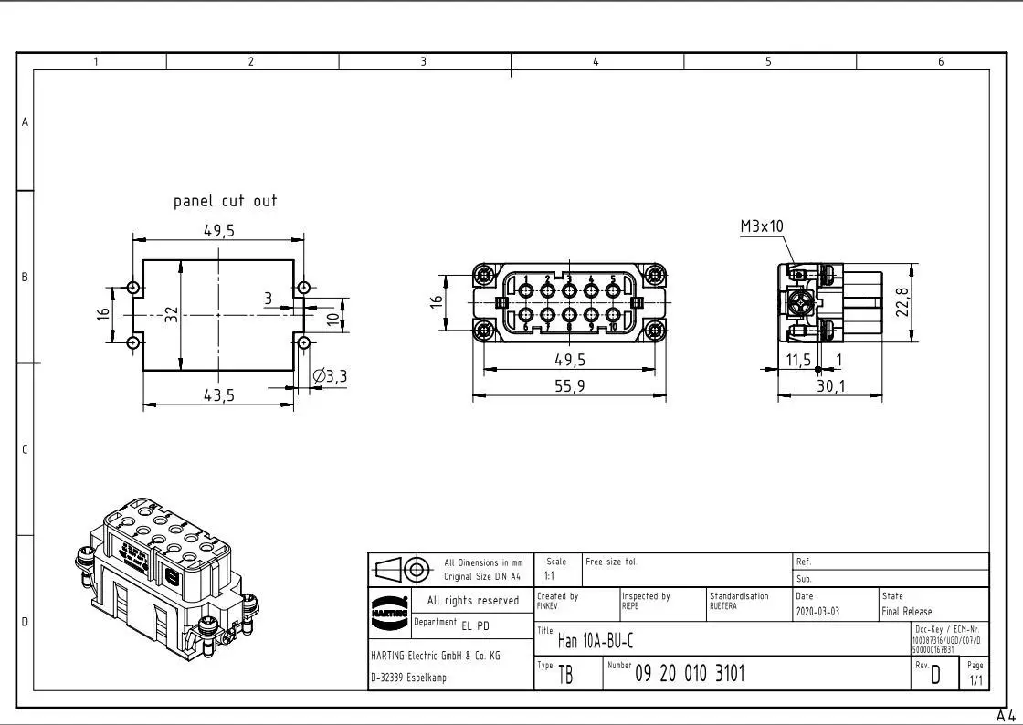 09200103101 HARTING HAN 10A-BU-C Small 10Pin Female Core Heavy Duty Connector