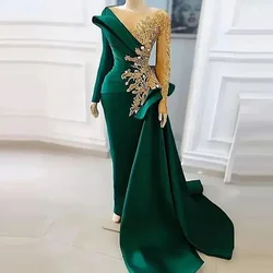 Gold lace decal sexy mermaid satin bag tight transparent neck long sleeve floor-length luxury evening dress formal party