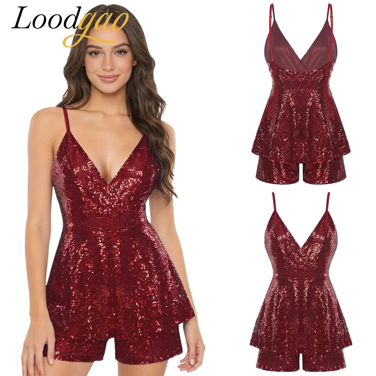 

Womens Glittery Sequin Jumpsuit Spaghetti Straps V Neck Backless Tiered Ruffled Bodysuit for Disco Club Dance Romper playsuits