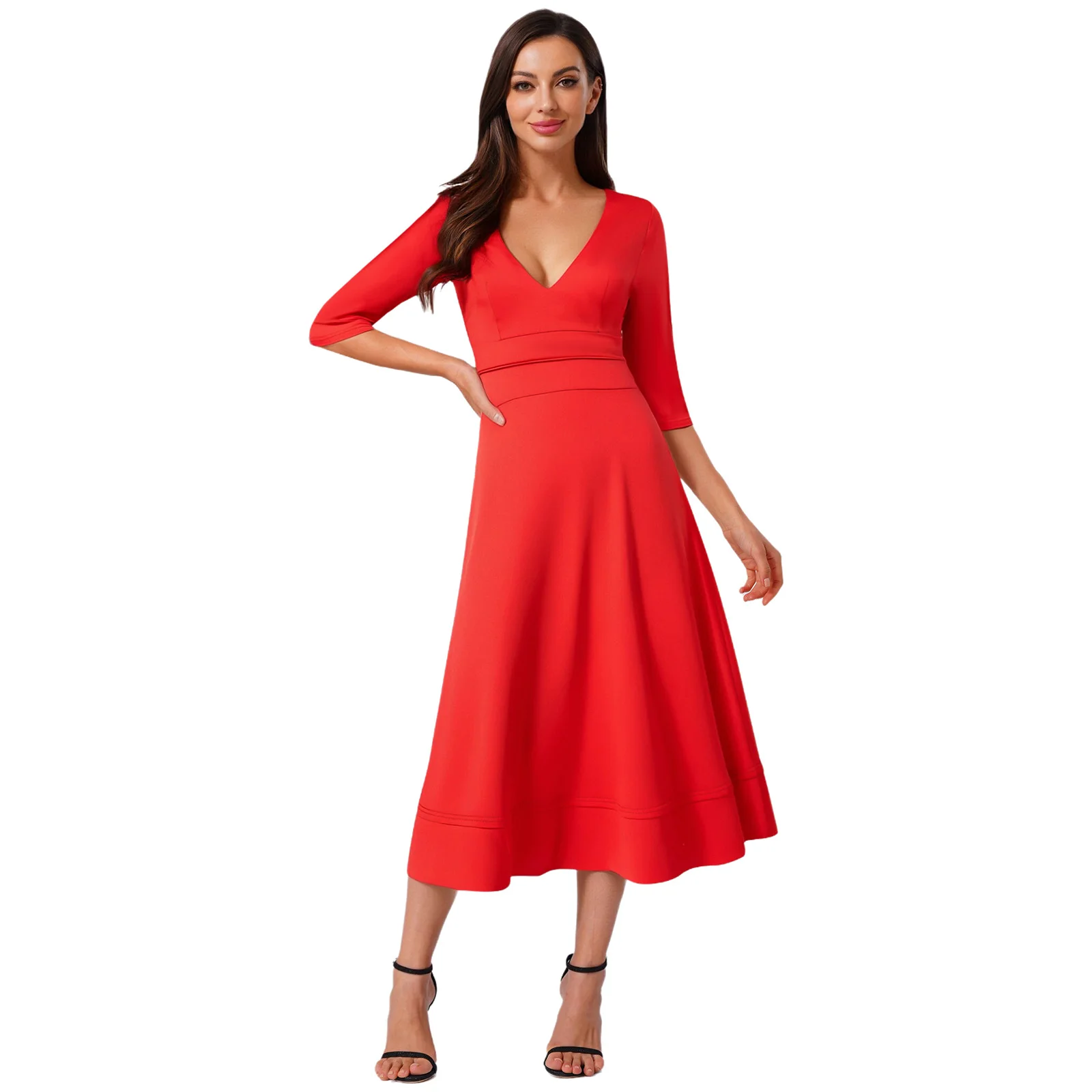 Femme Cocktails Prom Dress Womens Deep V Neck Evening Gown Elegant Lady Midi Dress for Bridesmaid Pageant Wedding Party Vestidos