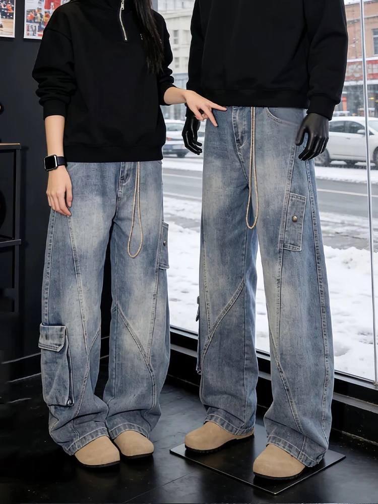 

Light Blue Knife Workwear Jeans Men's Winter American Cool Design Wide Leg Straight Cut Trousers Youth Fashion Jeans