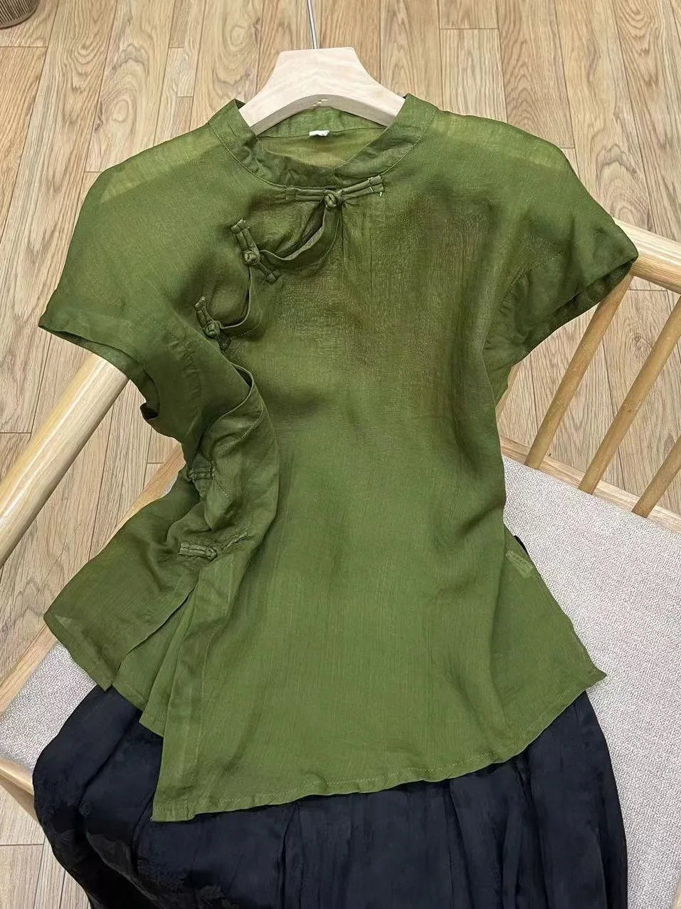 Chinese Sle Vintage Pure Color Flax irt Women Summer Asymmetrical Button up Slimming Top Commute Faion Loose Fit