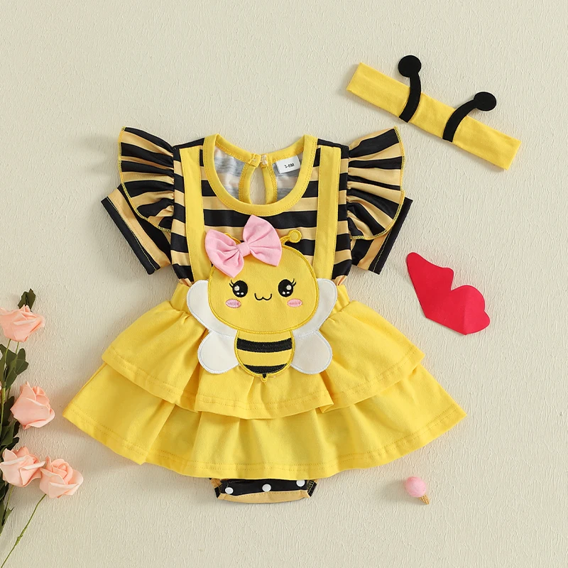 

Newborn Girl Outfit Short Sleeve Striped Bee A-line Romper Dress with Headband Clothes