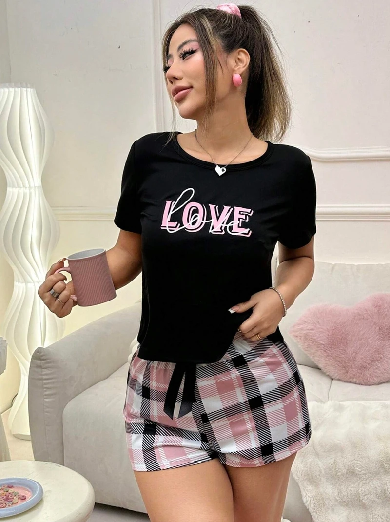 طقم بيجامة نسائي كاجوال بطبعة فيونكة وأكمام قصيرة ورقبة دائرية وسروال قصير مريح ومريح ملابس نوم صيفية