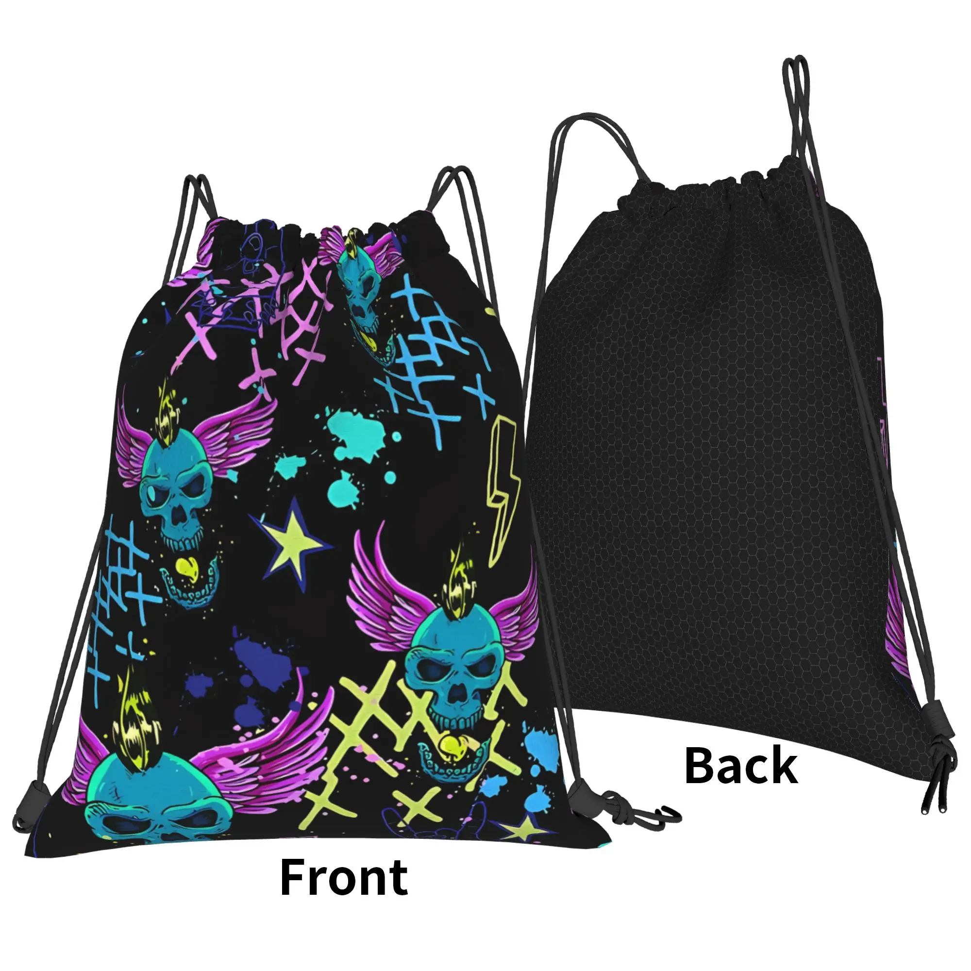 Y2K Neon Punk Graffiti Portable Hiking Riding Gym Drawstring cool gift Storage Backpacks