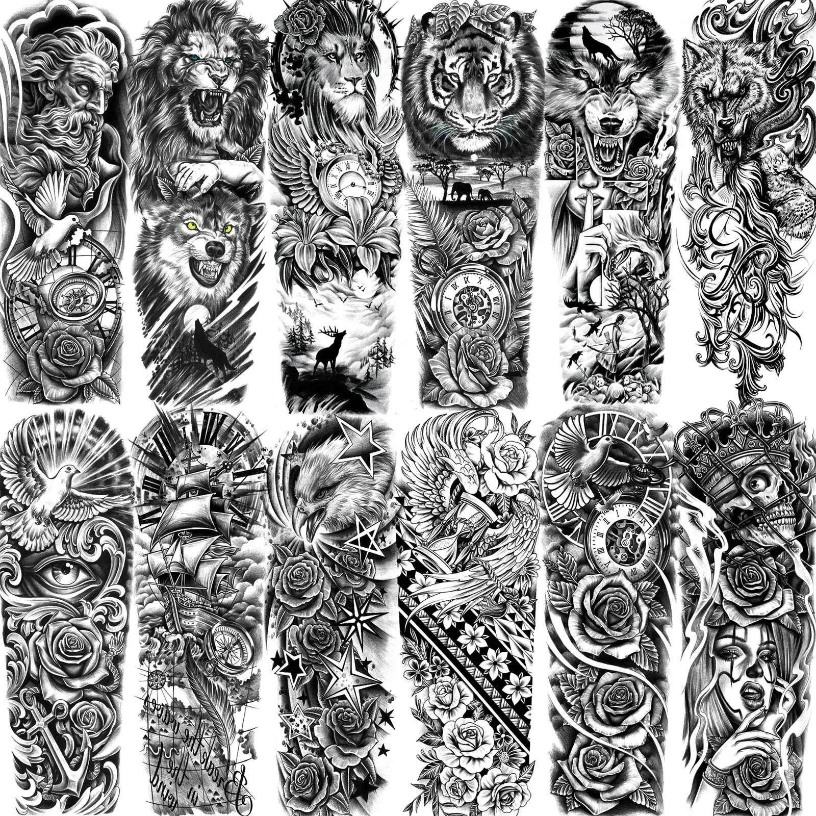 1 feuilles loup Lion tigre Maori tatouages temporaires pour hommes femmes adultes bras à manches longues fleur Rose crâne tatouage autocollant décor