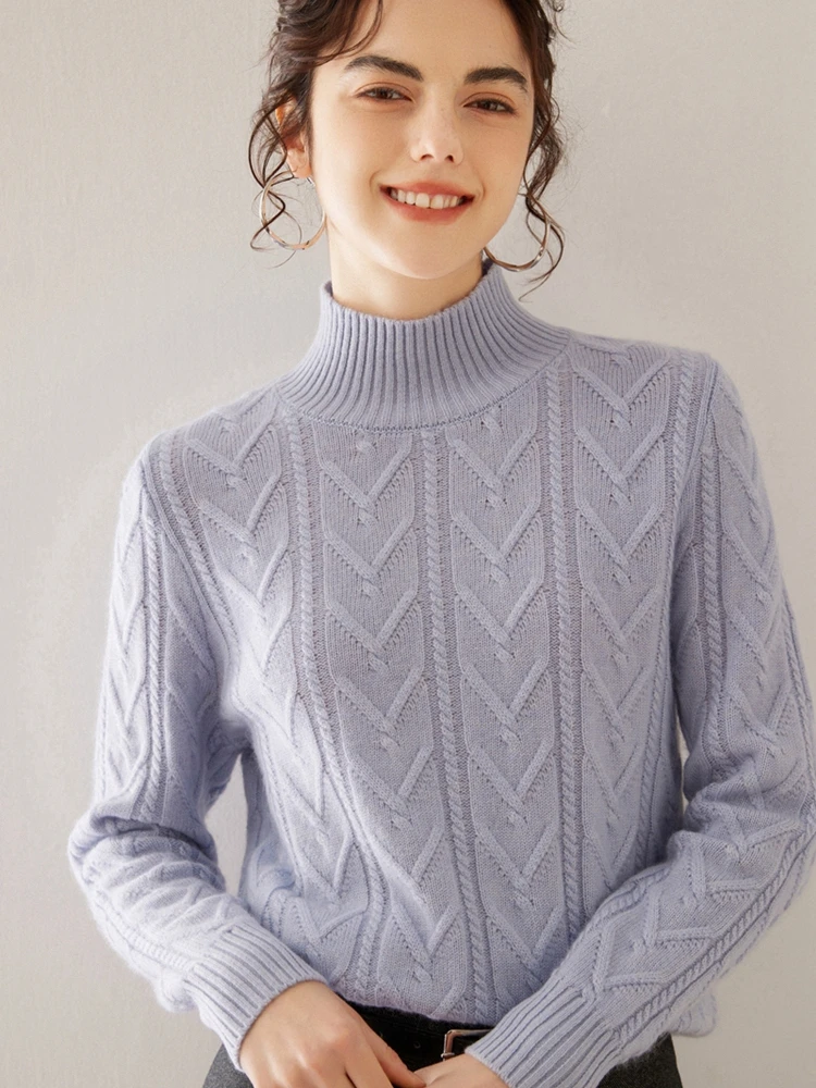 ADEWhatsApp-Pull en cachemire à col montant pour femme, pull en tricot torsadé, tricots 100% cachemire, vêtements féminins doux et chauds, automne et hiver