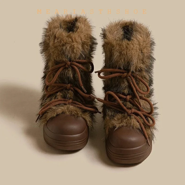 

Retro Popular Fur Lined Thick Heel Winter Boots Women's Fashionable Warm Cold Resistant Snow Boots round Toe Mid-Calf Boots