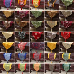 Chinese Traditional Satin Table Runner Floral Dragon Phoenix Pattern Luxury Wedding Decor Tassel Lace Table Cover Centerpiece