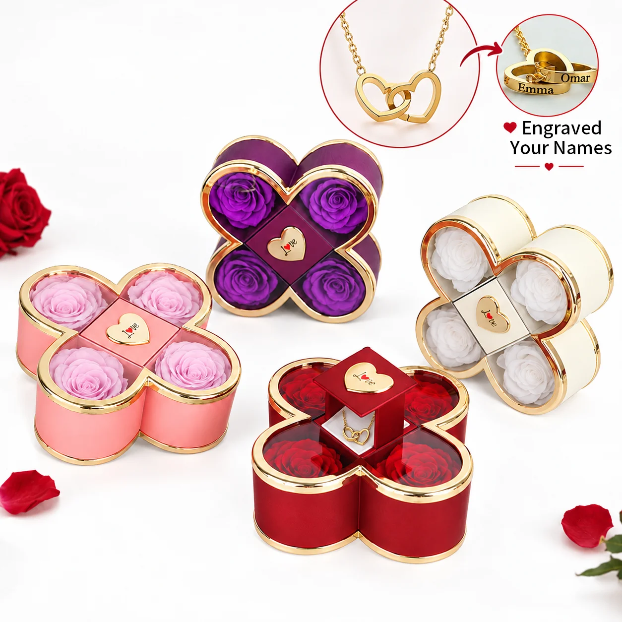 4-Leaf Clover Eternal Roses Jewelry Box Custom Name Necklace for Personalized Gifts for Anniversaries Birthdays Valentine's Day
