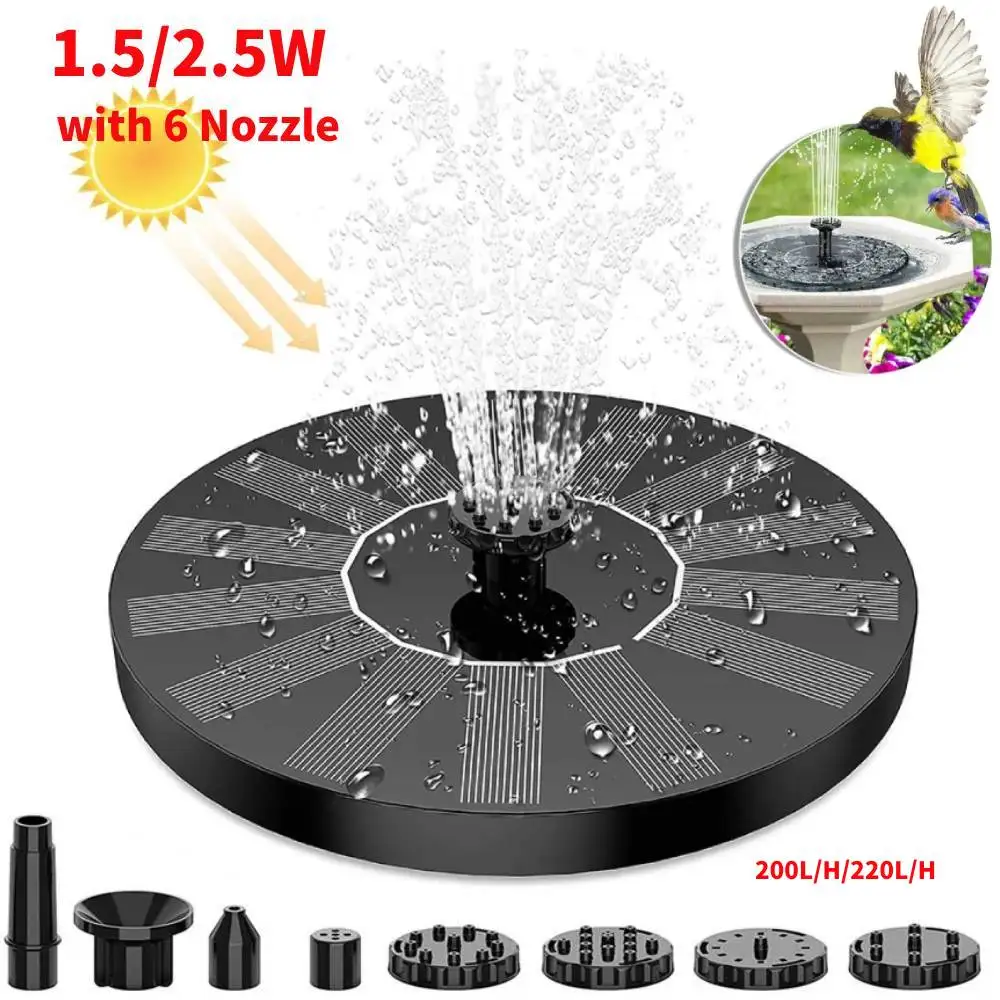 

1.5W/2.5W Solar Powered Fountain Pump, with 6 nozzles Solar Bird Bath Fountain, Water Pump Floating Fountains Suitable for Ponds