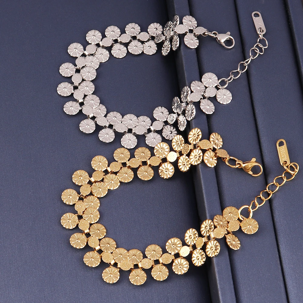 316L  Stainless Steel Flower Chain Bracelet for Women Punk 18K Gold Plated Wide Strap Chain Bracelets Jewelry