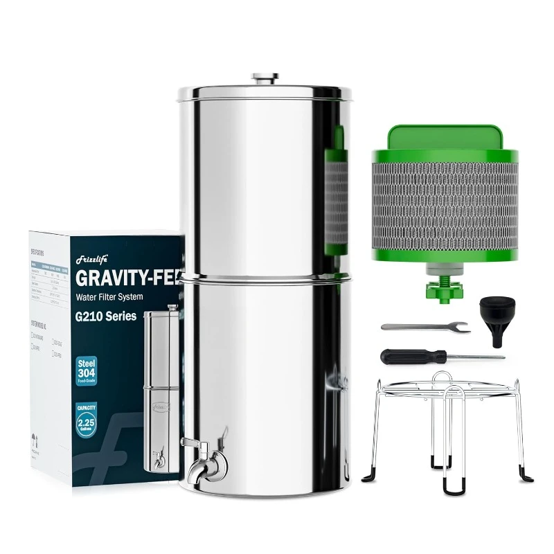 Gravity water filtration system with NSF certified components that reduces 99.9% of lead, chlorine, heavy metals