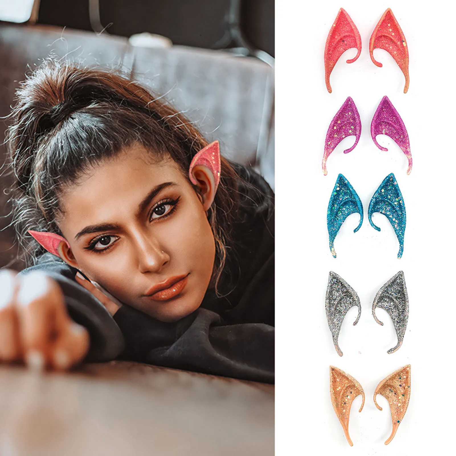 Personalized Glitter Elf Ears Crystal Sequins Cute Pointed Tip Anime Ears Props Costume Masquerade Accessories