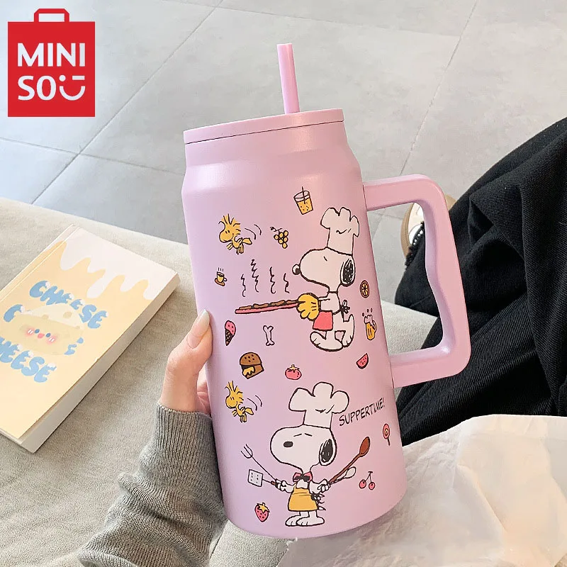 MINISO Snoopy Insulated Cup Large Capacity Straw Water Cup Black Portable Stainless Steel Cup Children\'S Travel Cup