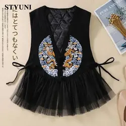 Black Embroidery Vintage Lace Sleeveless Loose Thick Single Breasted Women's Jacket Vest Korean Fashion Jackets Coat For Women
