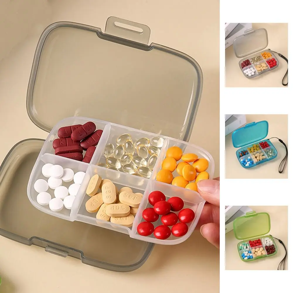 Portable Plastic 6 Grids Pill Box Sealed Dust-proof Pill Case Small with String Weekly Medicine Holder Travel