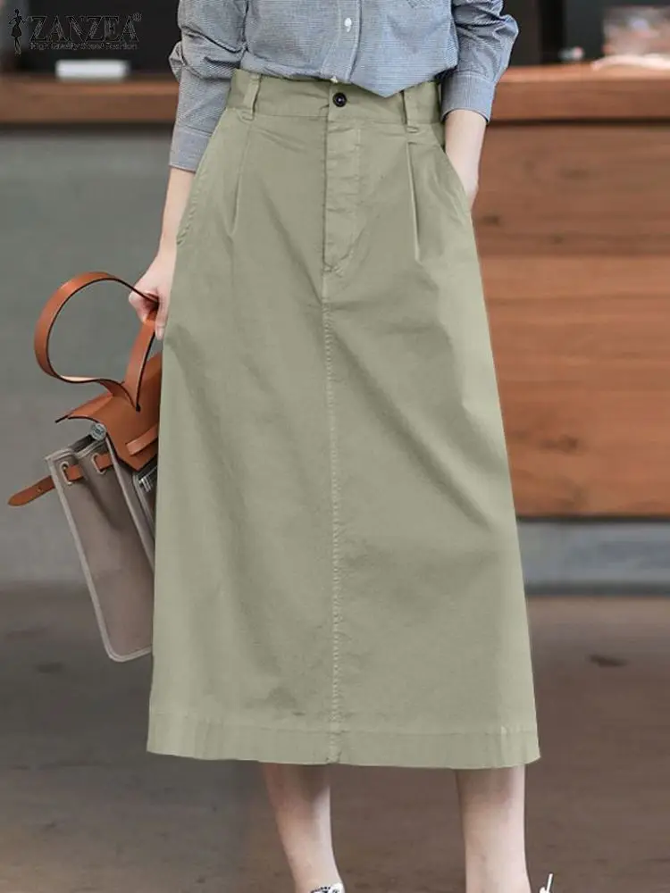 

2024 ZANZEA Fashion Women Elegant OL Work Skirts Stylish A-line Party Faldas Saia Casual Jupe Summer High Waist Solid Midi Skirt