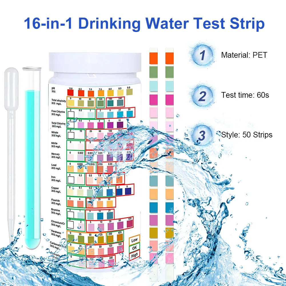 50/100 Strip 16 In 1 Drinking Water Test Kit Water Test Strips for Hardness PH Fluoride Lead Nitrate Home Water Quality Test Kit