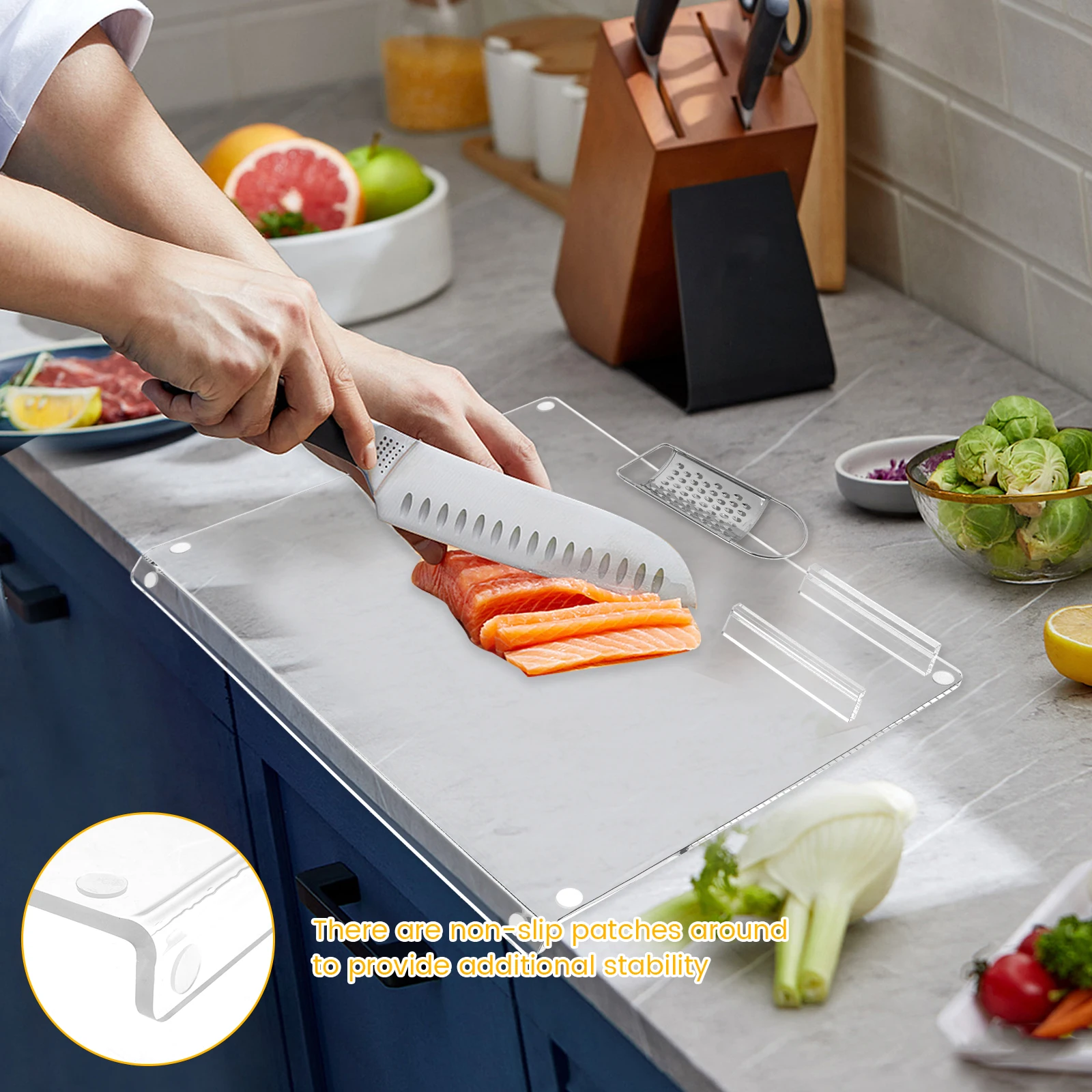 

Acrylic Cutting Board with Round Nonslip Mats Food Grade Acrylic Chopping Board with Scraper Clear Cutting Board Reusable