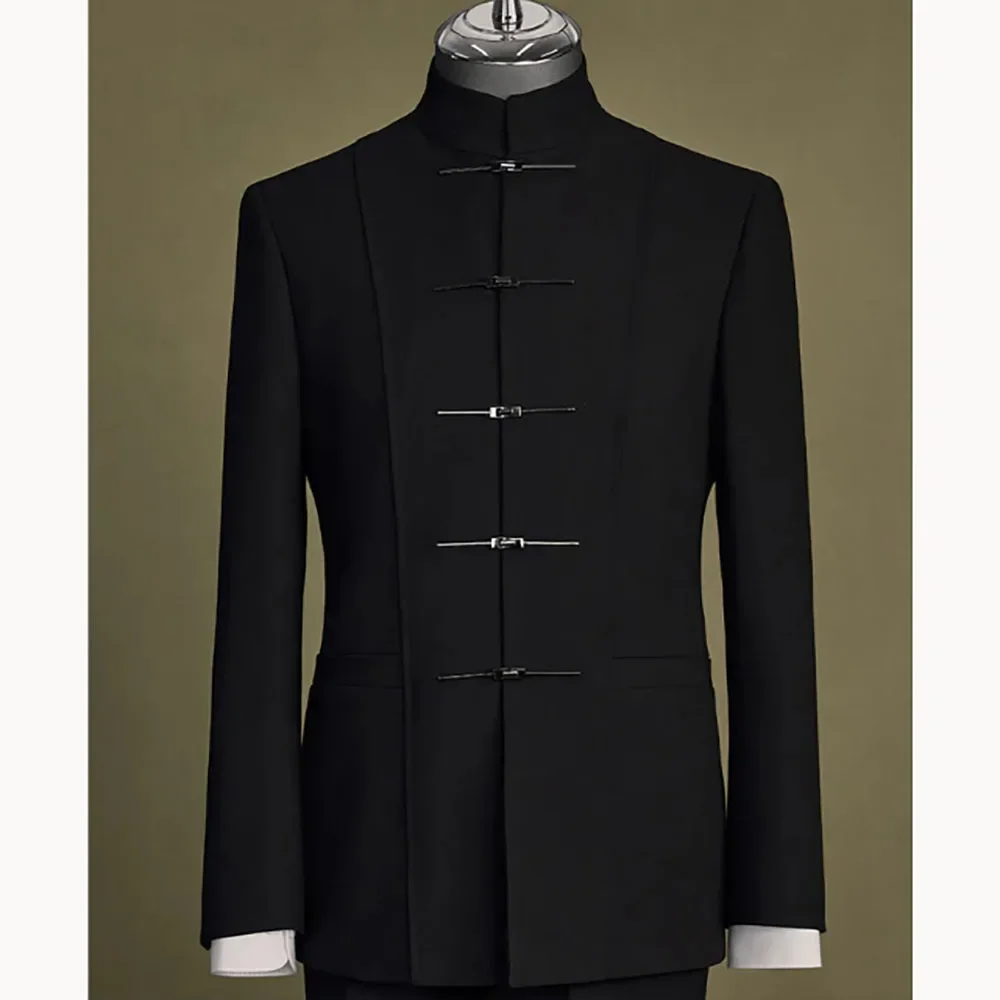 

Черные мужские костюмы для жениха, индивидуальный повседневный однобортный костюм Чжуншань из двух предметов (куртка + брюки), простой свадебный банкетный комплект