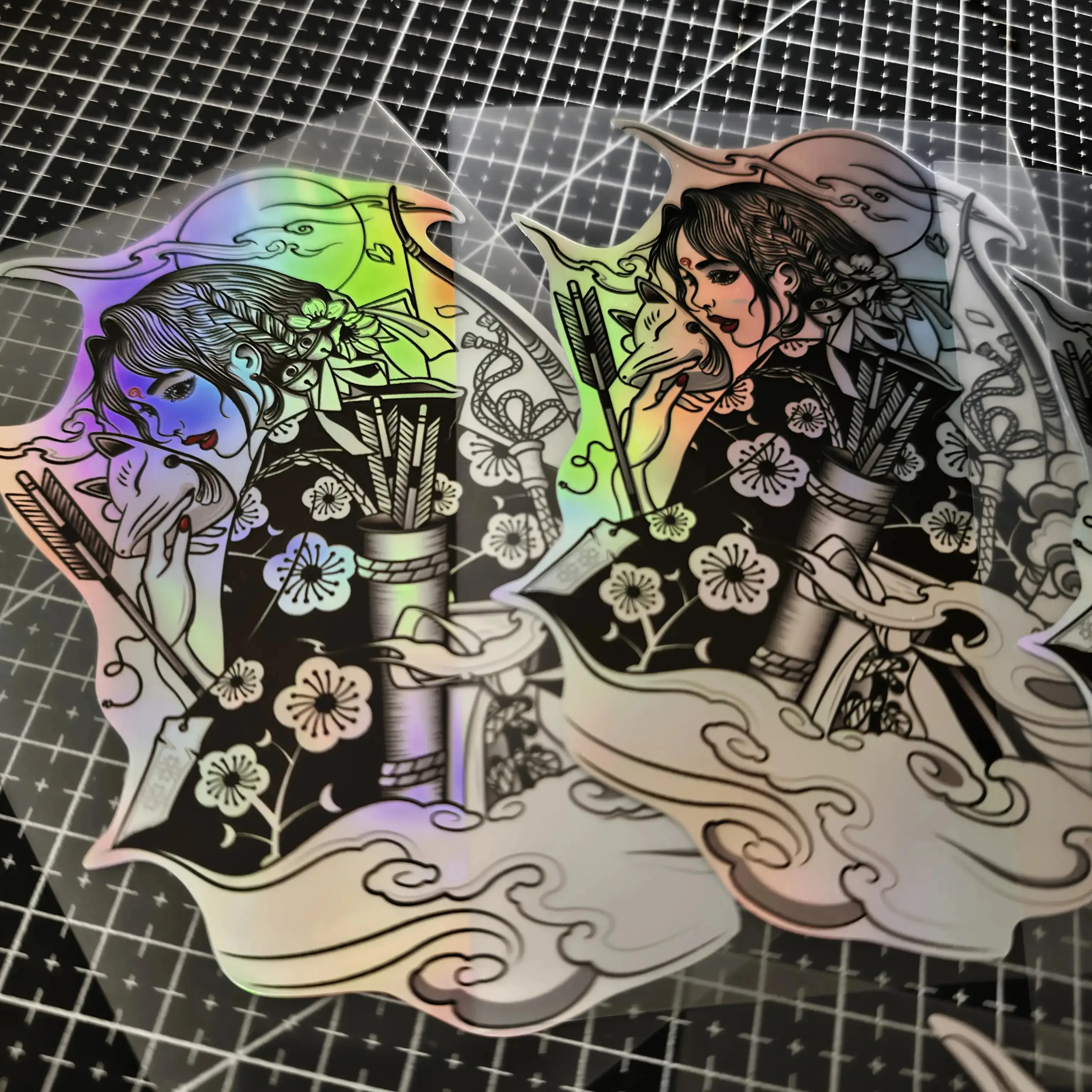

1pc Holographic Japanese Geisha Fox Mask JDM Vinyl Sticker, Cherry Blossom Waterproof Decal for Car Motorcycle Scooter Decor