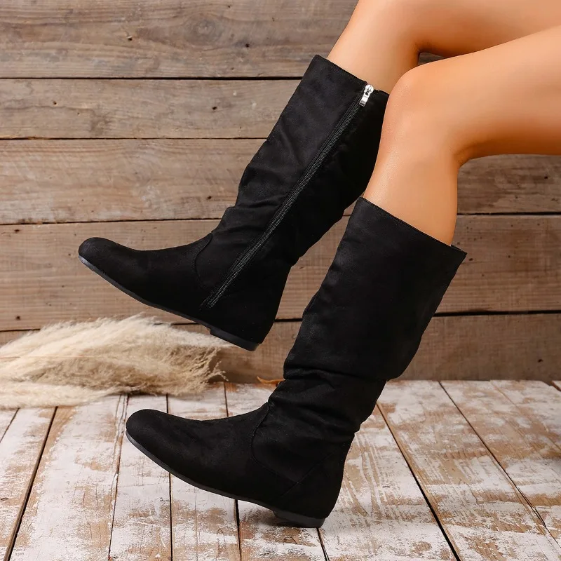 

Плиссированные женские модные ботинки из искусственной кожи с боковыми рамэрами, повседневные женские высокие сапоги на плоской подошве с круглым носком, однотонные модные женские сапоги