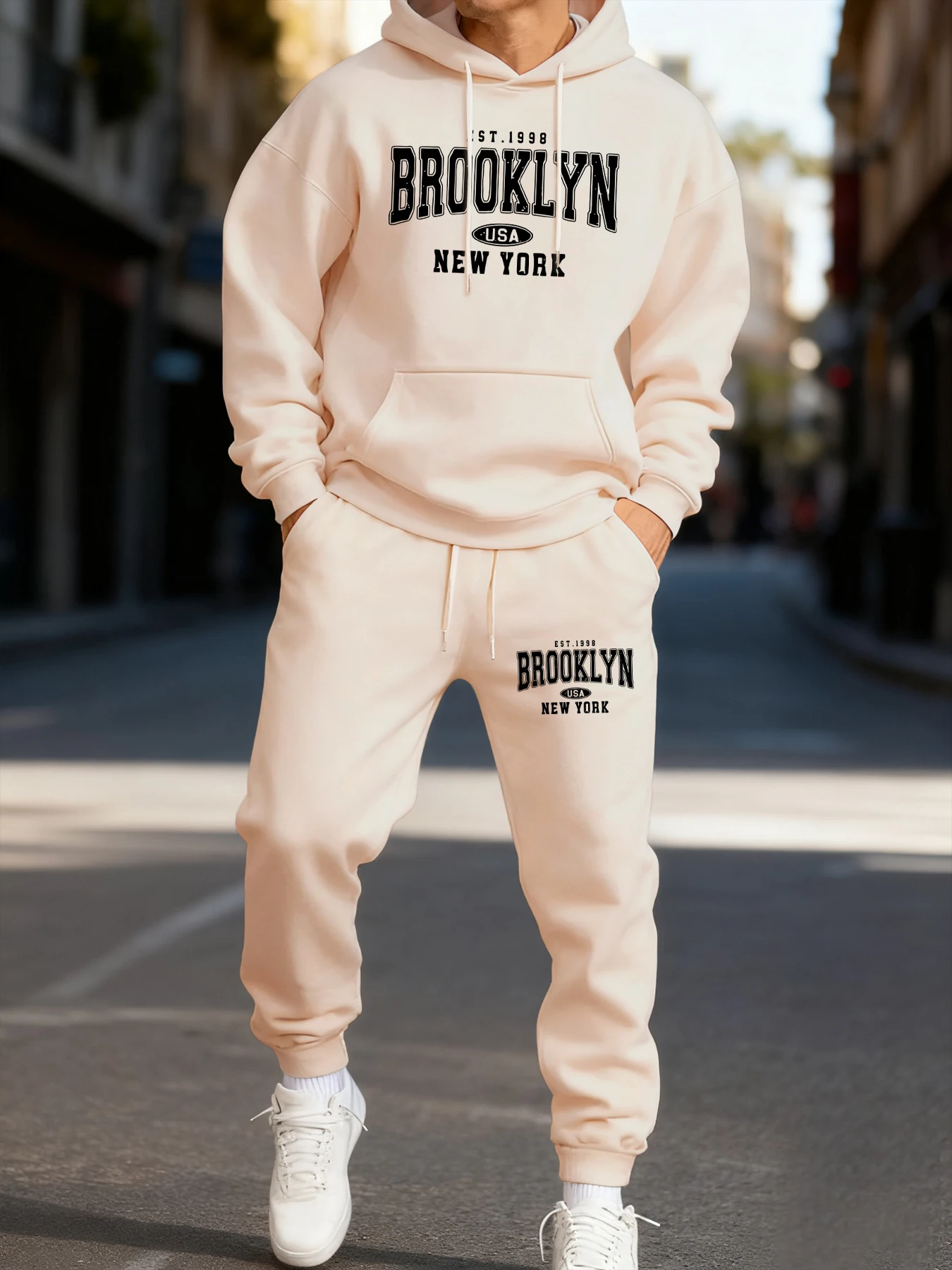 Brooklyn New York Usa Printing Male Hoodie Set Sporty Long-Length Two Pices Sets Street Couple'S Pants Winter Fashion Streetwear