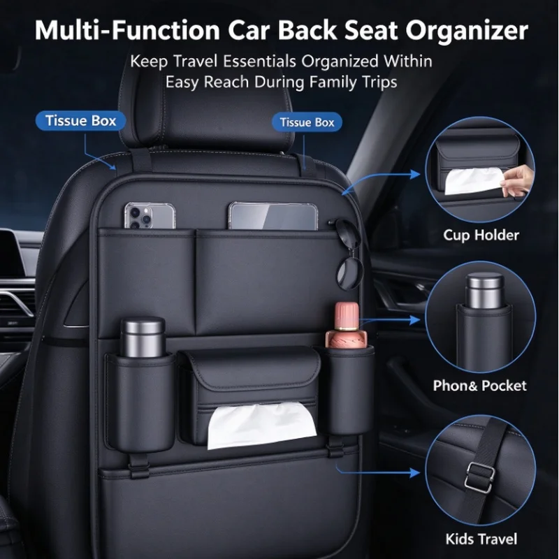 Stocking Stuffers Christmas Gift 6‑Pocket Car Seat Back Organizer Waterproof Anti‑Kick Storage Pad Tissue Cup Holder