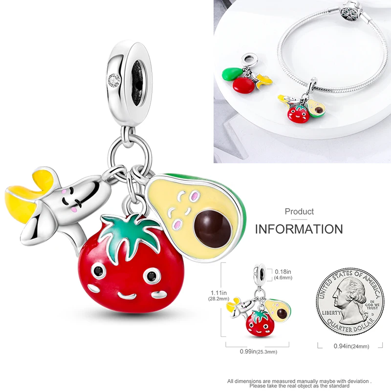 Frucht-Charm 925 Sterling Silber Erdbeere Kirsche Avocado Perlenanhänger Passend für Europäische Armbänder DIY Damenschmuck Geschenk 2026 – Detail 25