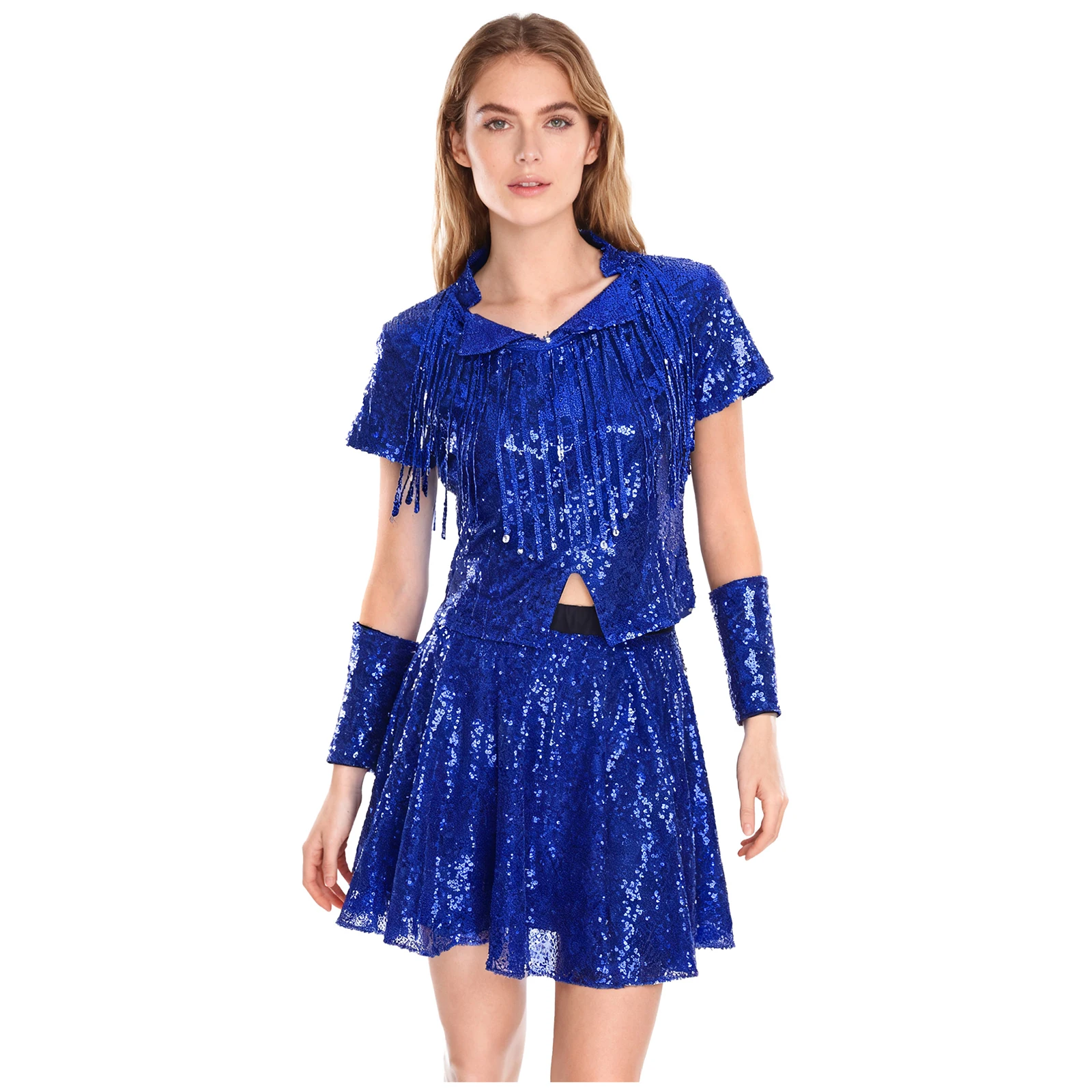 

Womens Shiny Sequin Cheerleading Outfits Short Sleeve Tassel T-shirt Top+ Gloves+Pleated Mini Skirt for Jazz Dance Disco Club