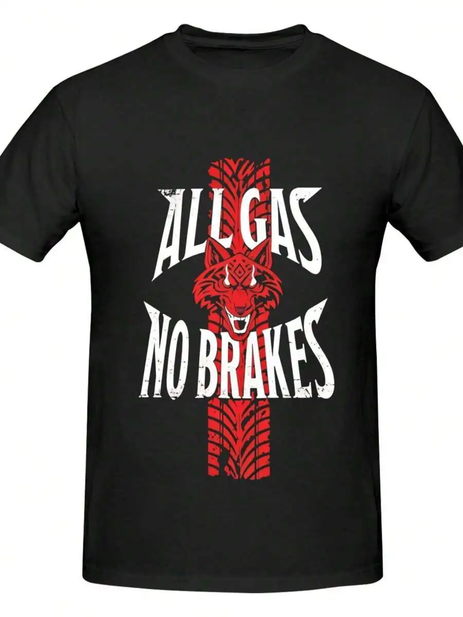 Men's All Gas No Brakes Wolf Graphic Tee, American Streetwear Oversized Cotton Crew Neck Shirt, Retro Tire Print Casual Daily To