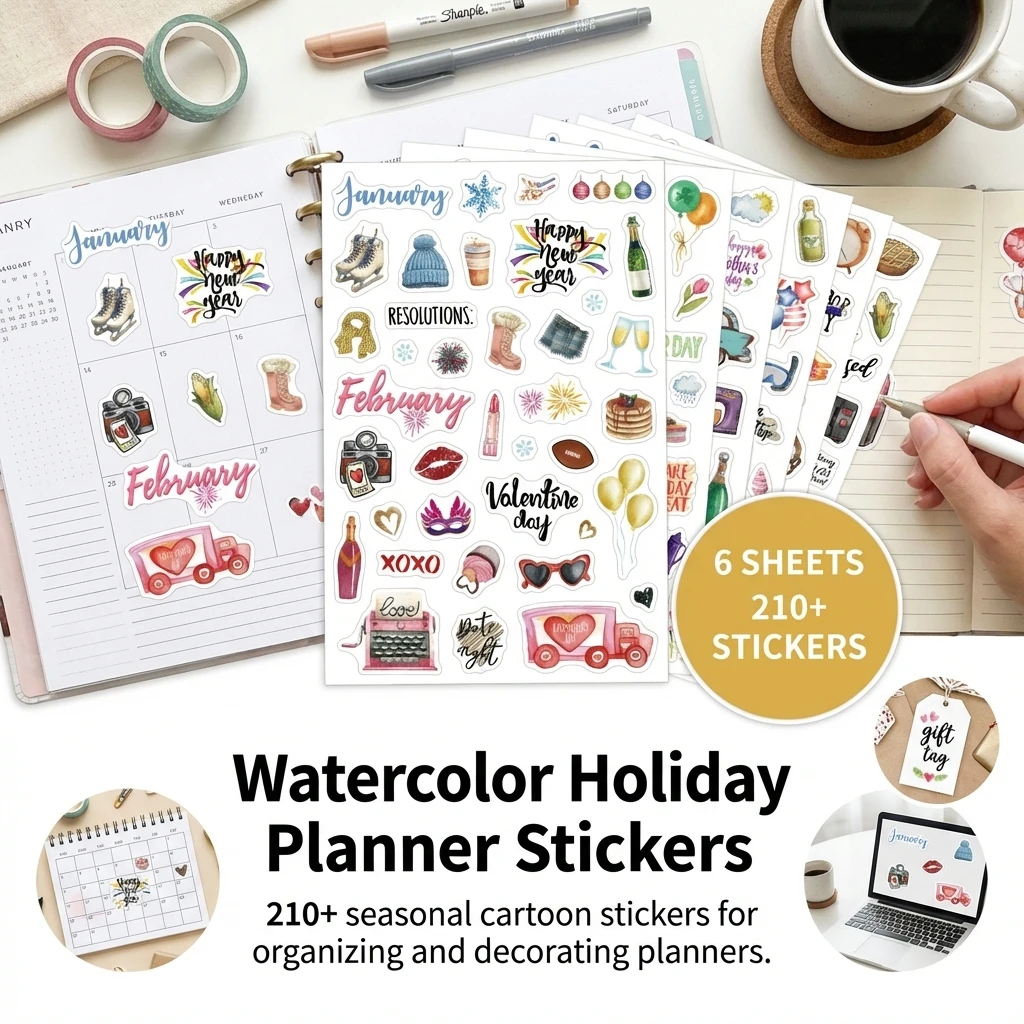 

210 шт. английских мультяшных праздничных наклеек для украшения ежедневников, скрапбукинга, дневников, упаковки подарков, легко отклеивающиеся, на клеевой основе