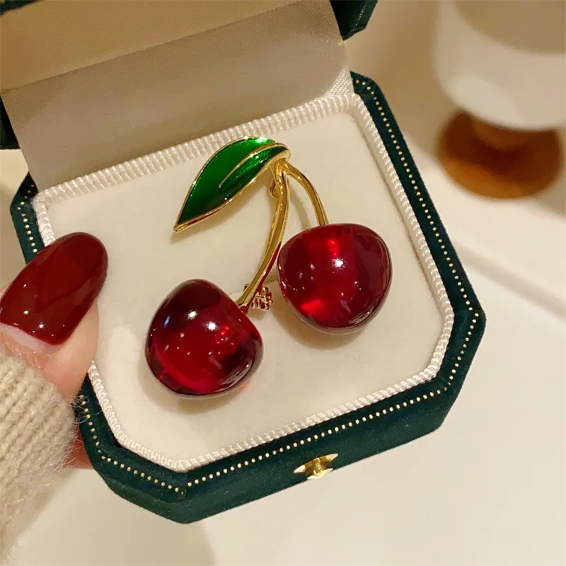 Cute Enamel Crystal Cherry Brooches for Women Red Fruit Lapel Pins Office Party Casual Accessories Gifts