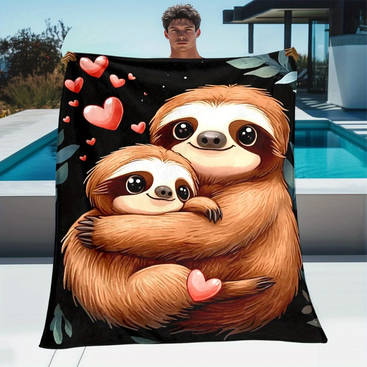 1pc Two Sloths Embracing with Hearts Blanket - Lightweight Flannel All-Season Soft Warm Throw for Sofa Bed Travel Camping Living