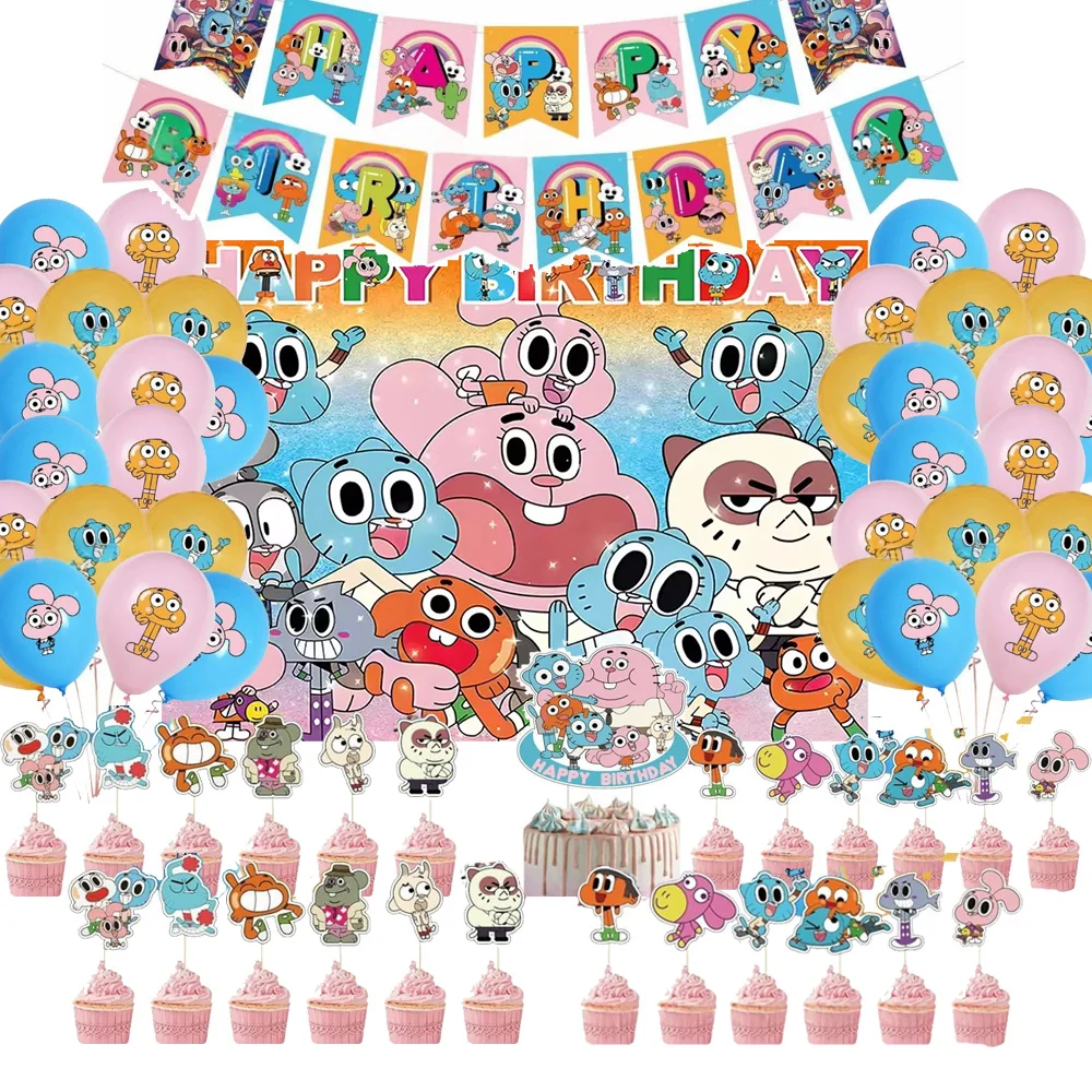 

Cartoon Pet Cat Rabbit Kids Birthday Party Decoration Backdrop Animated Comedy Gumballed Disposable Balloon Cake Topper Supplies