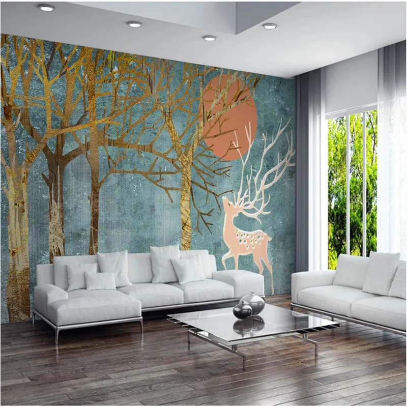 

Nordic Modern Abstract Golden Trees Forest Elks Blue Backdrop Mural Wallpapers for Living Room Bedroom 3D Wall Papers Home Decor