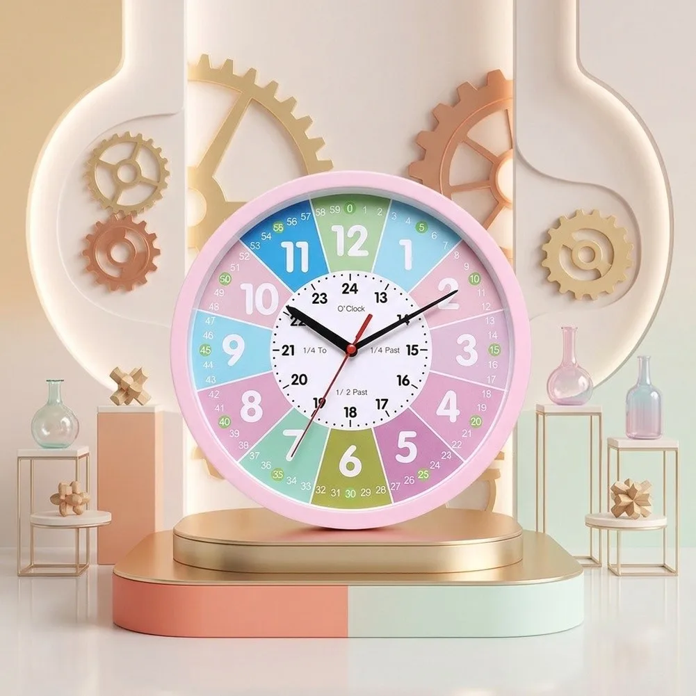 Classroom Time Trainer Learning Clock Rainbow Colored Sections Non-ticking Quartz Movement 24-hour Inner Scale