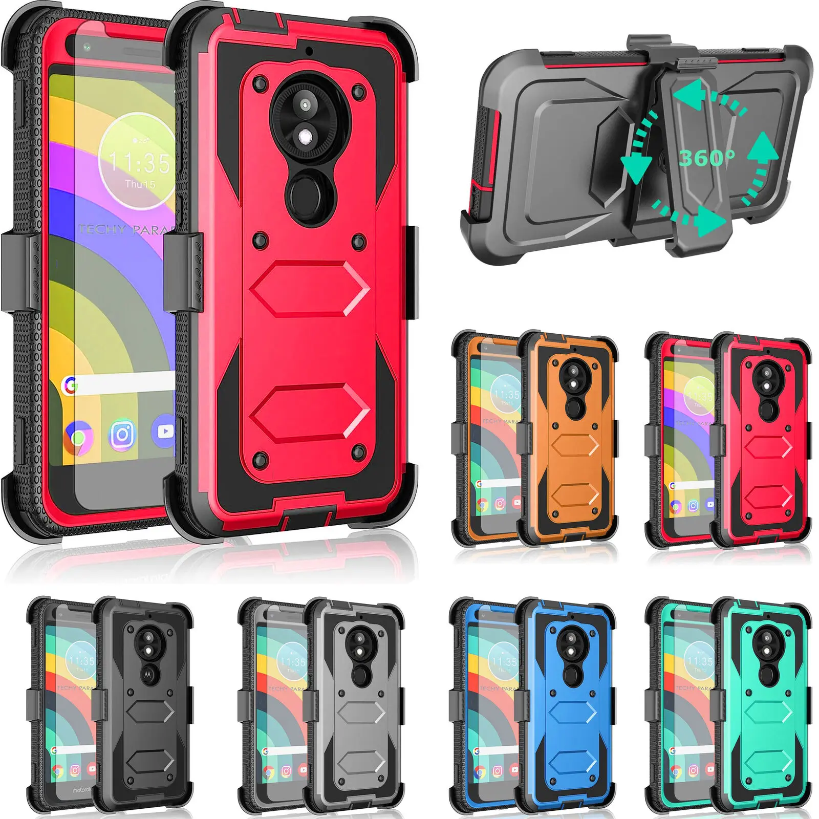 

3in1 Defend Armor Shockproof Case For Motorola Moto E5 Play / E5 Cruise Shockproof Cover Belt Clip Holster Stand+Tempered Glass