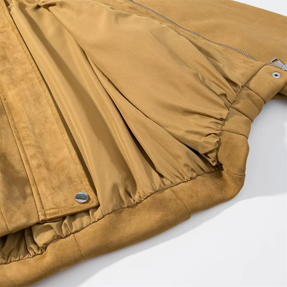 Otoño e Invierno nueva chaqueta de piloto de gamuza de manga larga con cuello decorativo y bolsillo lateral versátil informal para mujer