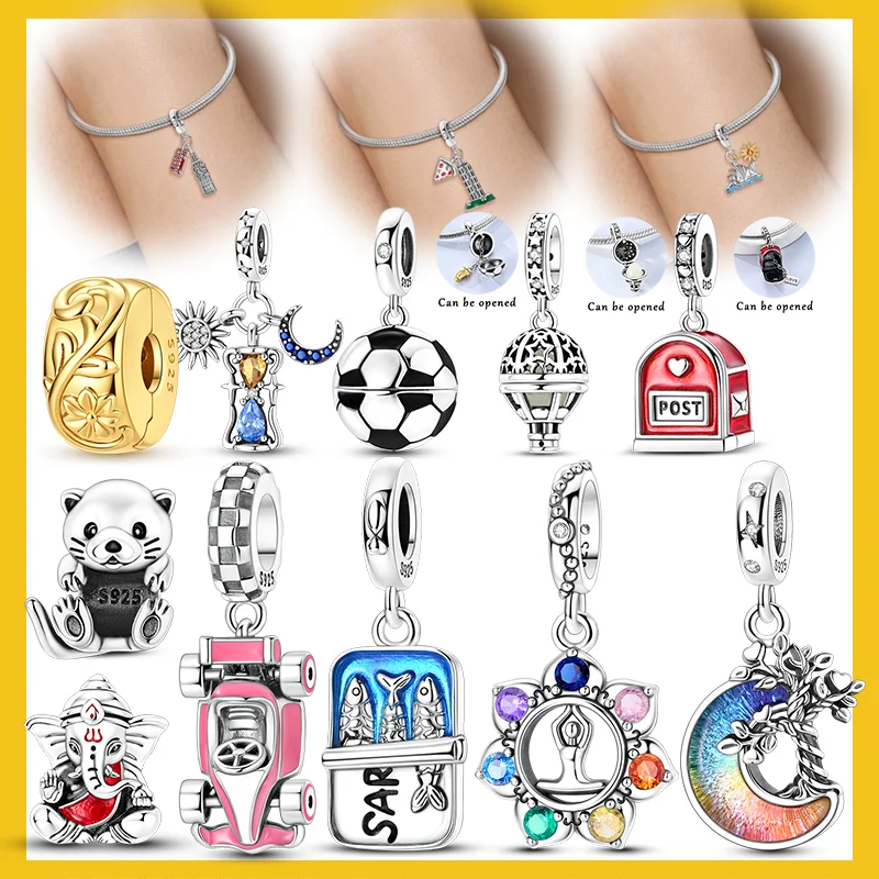 Fit Original Bracelet 925 Sterling Silver Charms Bead CZ Zircon Leaning Tower Pisa Football Indian Elephant Dangle DIY Jewelry