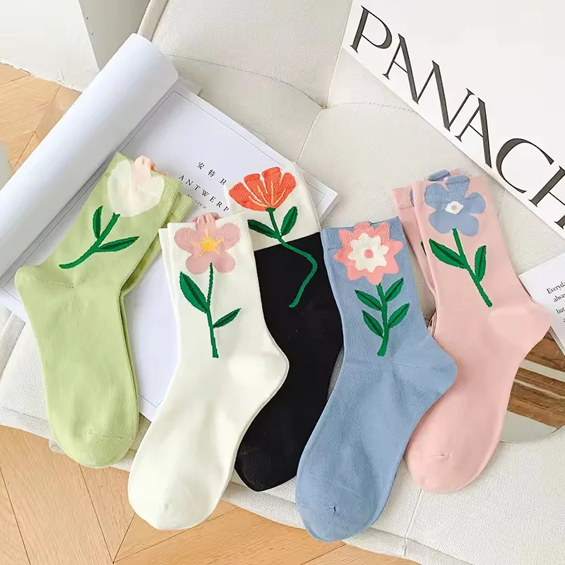 

Three-dimensional Tulip Socks Women's Pure Cotton Medium Tube Socks Spring and Summer Thin Small Flower Cotton Socks
