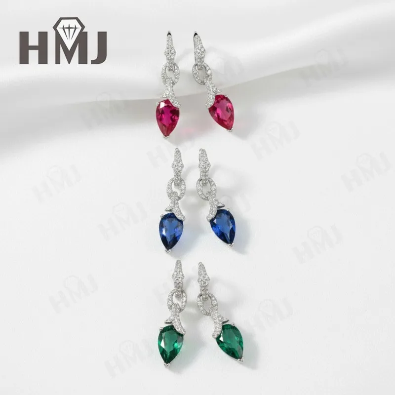 إسقاط أقراط مع 3.5-5.8CT الكمثرى روبي الياقوت كولومبيا S925 مزاجه الأقراط الطويلة للنساء حفلة خطوبة هدية الحلي #1