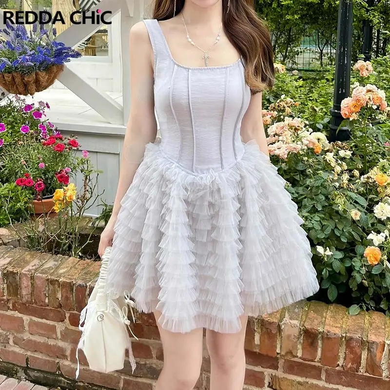 REDDACHiC Women Pintuck Sleeveless Short Dress Balletcore Lace Tiered Square Neck Tank Cake One-piece Homecoming Summer Clothes