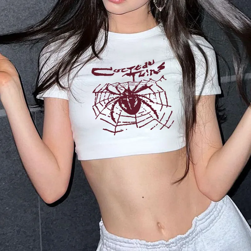 Tops cortos góticos de estética Y2k para mujer, camisetas de manga corta con cuello redondo Harajuku, gráfico de telaraña, camisetas Punk Grunge de