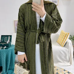 Middle Eastern Striped Kaftan Muslim Kimono Abaya Retro Ethnic Cardigan Robe Dubai Saudi Arabia Eid Clothes Belted Dress Pockets