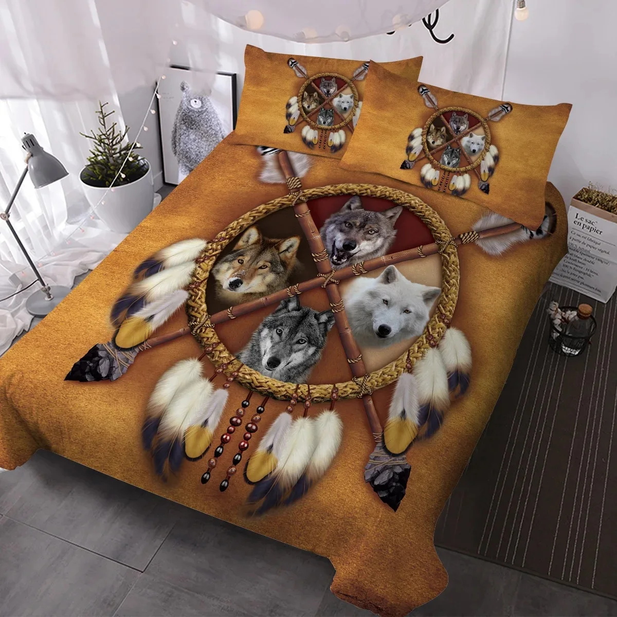 

Indian Bohemian Dreamcatcher Wolf Brown Bedding Set King Queen Double Full Twin Single Size Bed Linen Set