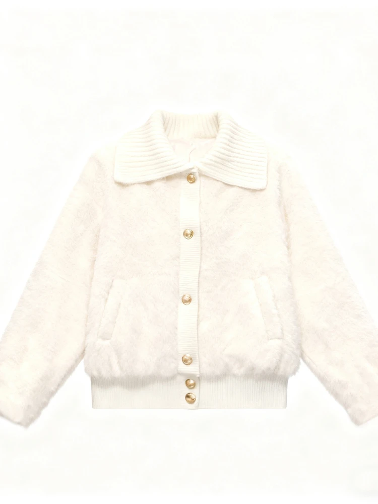 معطف فرو وصوف حلو وناعم وصديق للبيئة لشتاء المرأة، مظهر راقي مع رقعة محبوكة سميكة مبطنة بالقطن